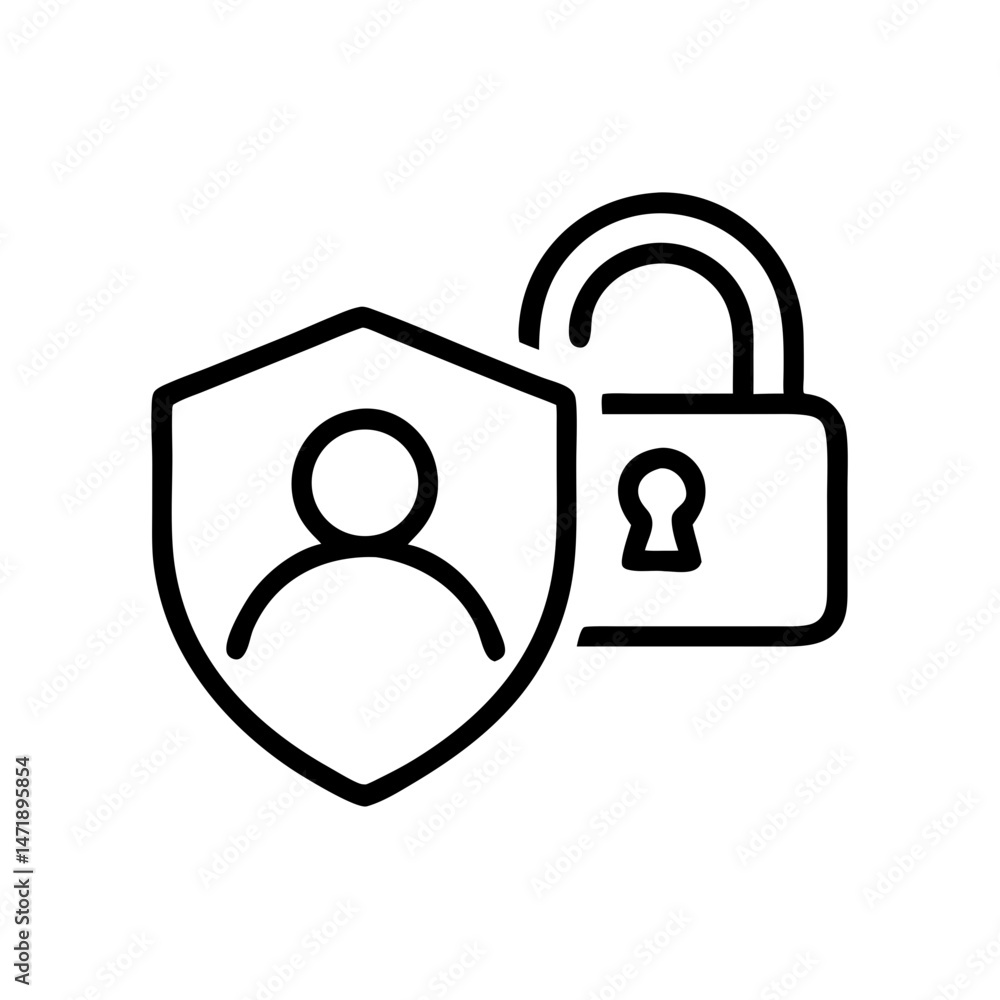 Poster a minimalist line icon shows a shield with a user figure and an unlocked padlock. this image can be 