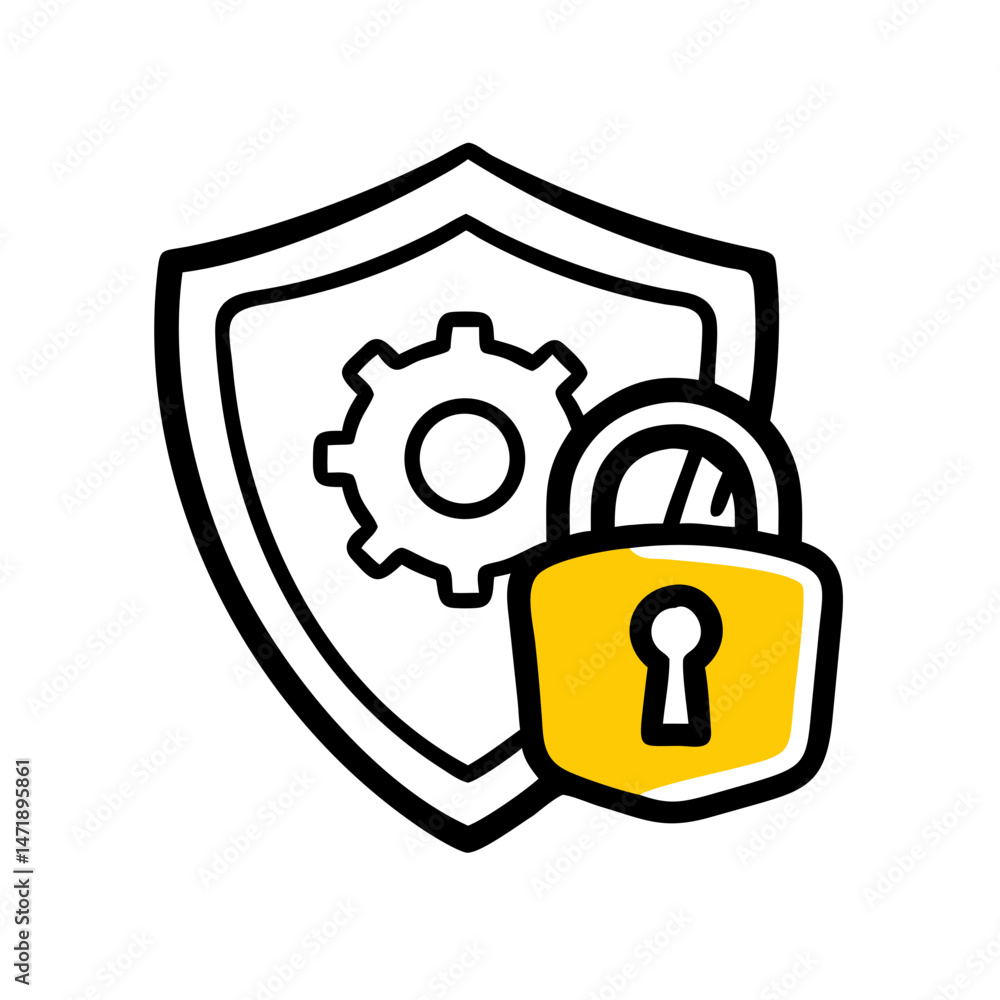 Poster a black line icon of a shield containing a gear and padlock, symbolizing robust cybersecurity and sy