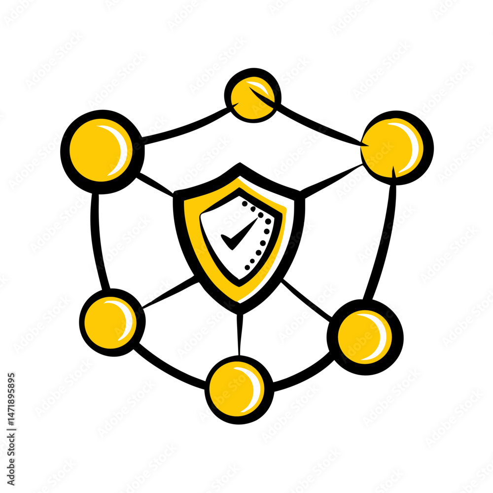 Poster a yellow shield with a checkmark, surrounded by a network of nodes, symbolizing verified security. f