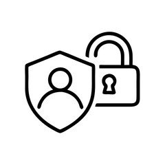 A minimalist line icon shows a shield with a user figure and an unlocked padlock. This image can be used on blogs or sites to represent unprotected data, security breaches, or a lack of privacy.

