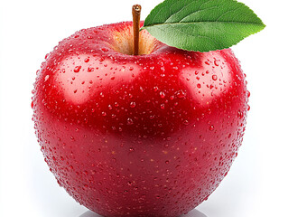Juicy Red Apple with Water Droplets and Leaf   Fresh Fruit  Healthy Eating