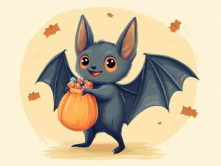 Obraz premium Cute Cartoon Bat with Pumpkin and Candy Pixel Art Illustration
