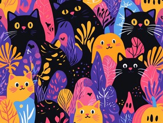 Cute Cats Seamless Pattern with Vibrant Floral Design