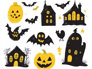 Cute Halloween Illustrations Featuring Pumpkins Bats and Haunted Houses