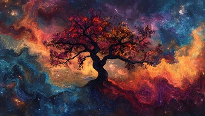 Majestic tree in a colorful nebula artistic depiction with swirling celestial clouds