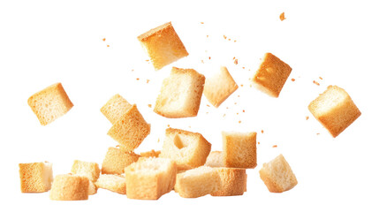 Crispy White Bread Rusks with Crumbs Falling on Transparent Background

