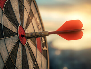 Bullseye  Red Dart Hitting Center of Dartboard at Sunset