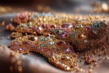An intricate design of shimmering gold beads and multi-colored gemstones on soft fabric, creating a luxurious and elegant textured pattern, capturing light and glamour.