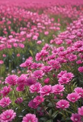 Obraz premium Vibrant pink flower field, close-up view, soft focus, peonies, vibrant