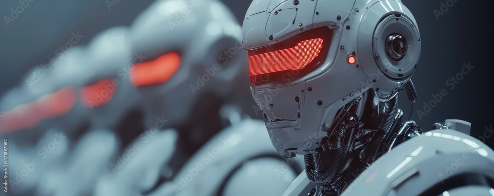 Poster Row of futuristic humanoid robots with glowing red visors, standing in formation in a high-tech environment.