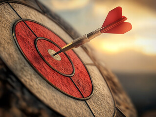 Achieve Success  Dart Striking Bullseye Target at Sunset