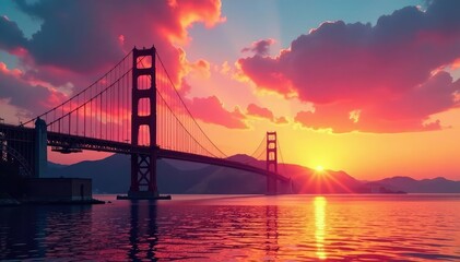Fototapeta premium Majestic bridge tower against a vibrant sunset sky , tower, design, urban