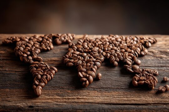 A world map made from coffee beans, arranged on a rustic wooden surface, depicting global coffee production and trade, highlighting the international coffee culture.