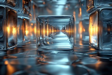 Crystal Cubes Illuminate a Reflective Corridor