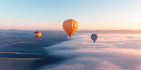 Fototapeta premium Colorful hot air balloons floating above soft morning clouds at sunrise – peaceful travel dreamscape
