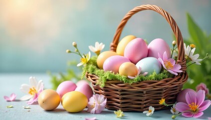 Naklejka premium Vibrant pastel Easter eggs in a basket, decorated with spring flowers and ribbons , painted, springtime