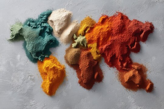 A creatively designed world map made from different colorful powders and spices, symbolizing global cuisine, diversity, and international flavors on a gray background.