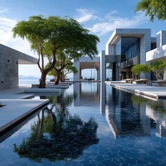 Fototapeta premium A large house with a pool and a tree in front of it