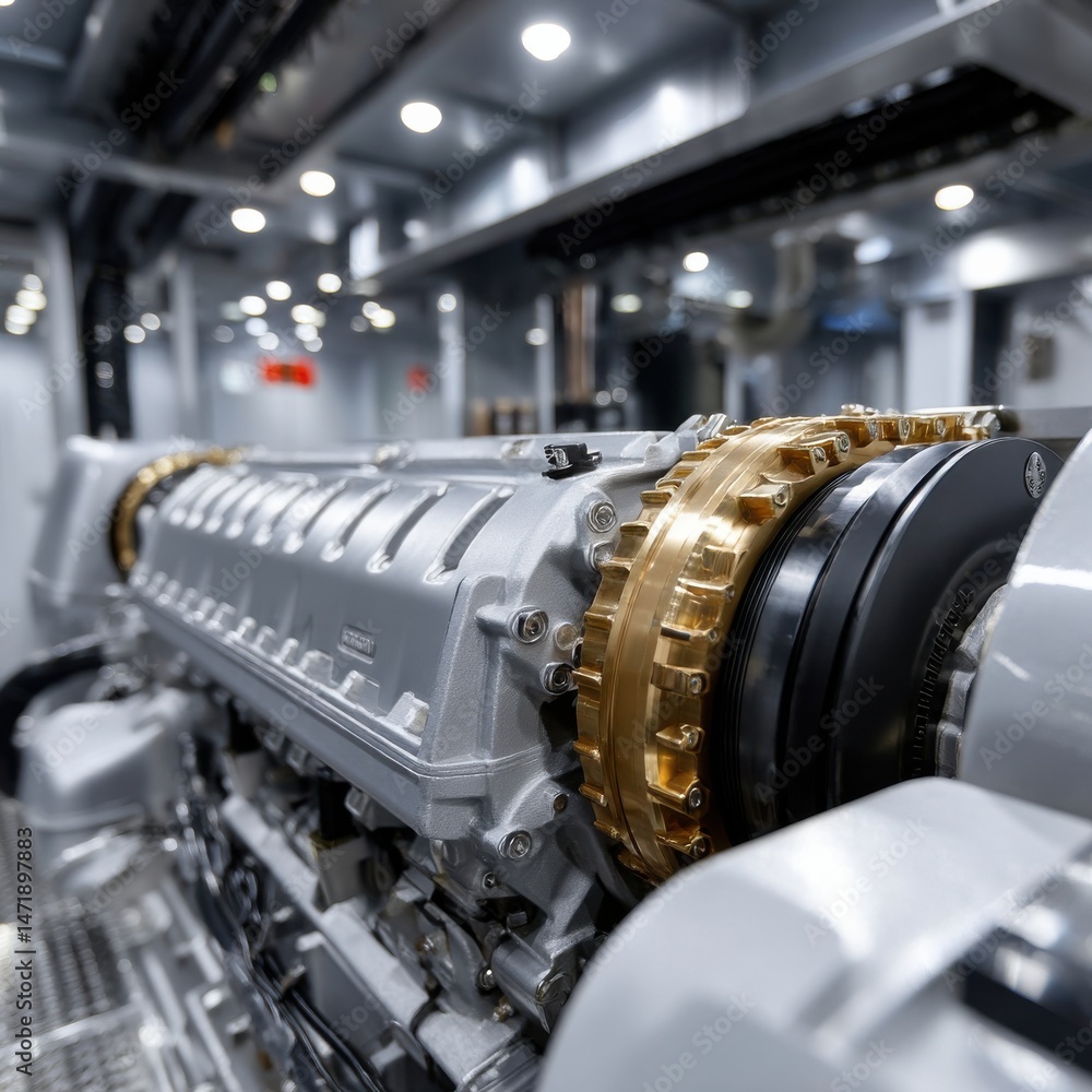 Poster a large engine with a gold and silver casing