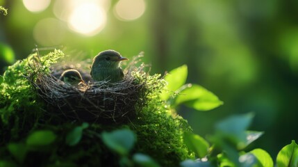 Fototapeta premium Caring Mother Bird and Baby in Nest: A heartwarming scene of a mother bird tenderly watching over her precious baby nestled in a woven nest amidst lush foliage, bathed in soft, natural light.