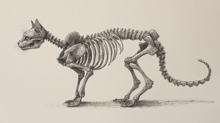 Detailed drawing of a feline skeleton in profile view.