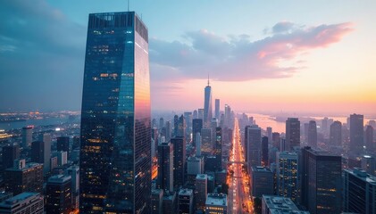 Naklejka premium Modern glass skyscraper downtown, reflecting city skyline , growth, light, exterior