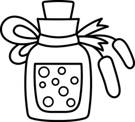 Vector black and white reed magic potion icon. Cute glass jar with elixir or brew. Woodland princess or witch line clipart. Fantasy forest illustration, coloring page. Magic fairytale drink