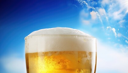 close-up of golden beer with foamy head against bright sunny sky, perfect for summer branding, beverage design, or web background

