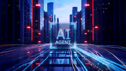 Naklejka premium Holographic AI Partner, Agentic Autonomy Meet Human Teamwork in Business. The AI Coworker Revolution, Holographic Agents for Autonomous Collaboration.