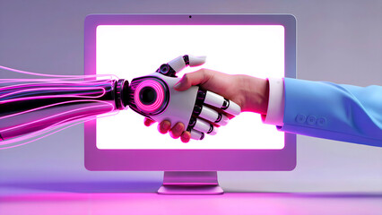 Human-AGI Handshake, The Singularity Moment in AI-Human Collaboration. Human and ASI Interface Symbolizing Technological Singularity. The Human-AGI Interface Signaling Machine Intelligence Fusion