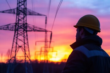 Engineer inspecting power tower during sunset hours