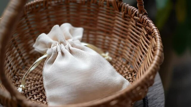 Beige drawstring pouch in a wicker basket