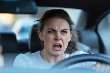 Stressed woman driving in city rush hour