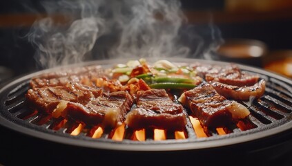 Sizzling marinated beef slices and vegetables grilling on a hot circular grill, emitting steam