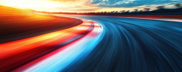 Dynamic curve on a racing track at sunset with motion blur