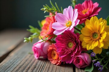 Close-up of a bouquet of vibrant spring flowers, resting on a rustic wooden table , beautiful, flowers