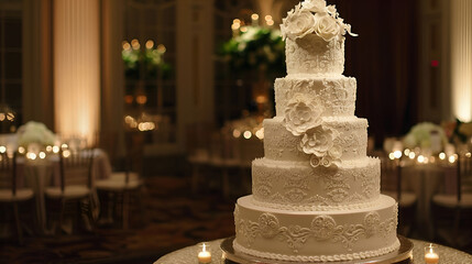 A five tier wedding cake with white frosting and floral decorations in a dimly lit reception hall