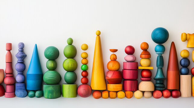 colorful wooden geometric toys isolated on white background back to school concept