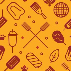 Summer barbecue grill pattern illustration with food elements on a mustard background