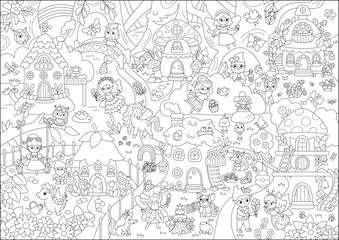 Vector black and white fairyland background. Cute fairy land landscape. Woodland line scenery with trees, treehouse, animals. Fantasy forest scene illustration, coloring page. Fairytale picture