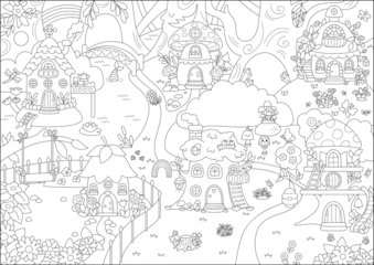Vector black and white empty fairyland background. Line fairy land landscape. Woodland scenery with trees, treehouses, animals. Fantasy forest scene illustration. Magic or fairytale coloring page