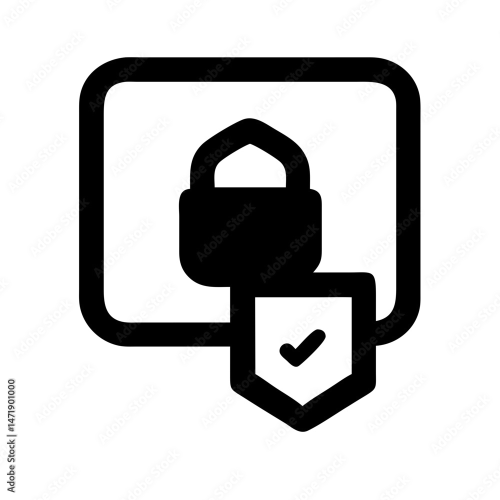 Poster this simple outline icon features a padlock with a checkmark on a shield, perfect for websites or bl