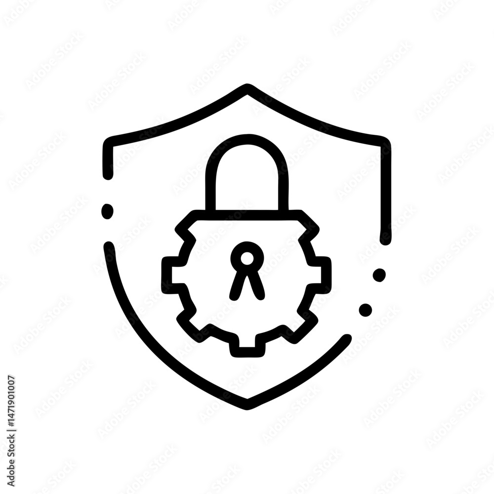 Poster a black line icon of a shield containing a gear and padlock, symbolizing robust cybersecurity and sy