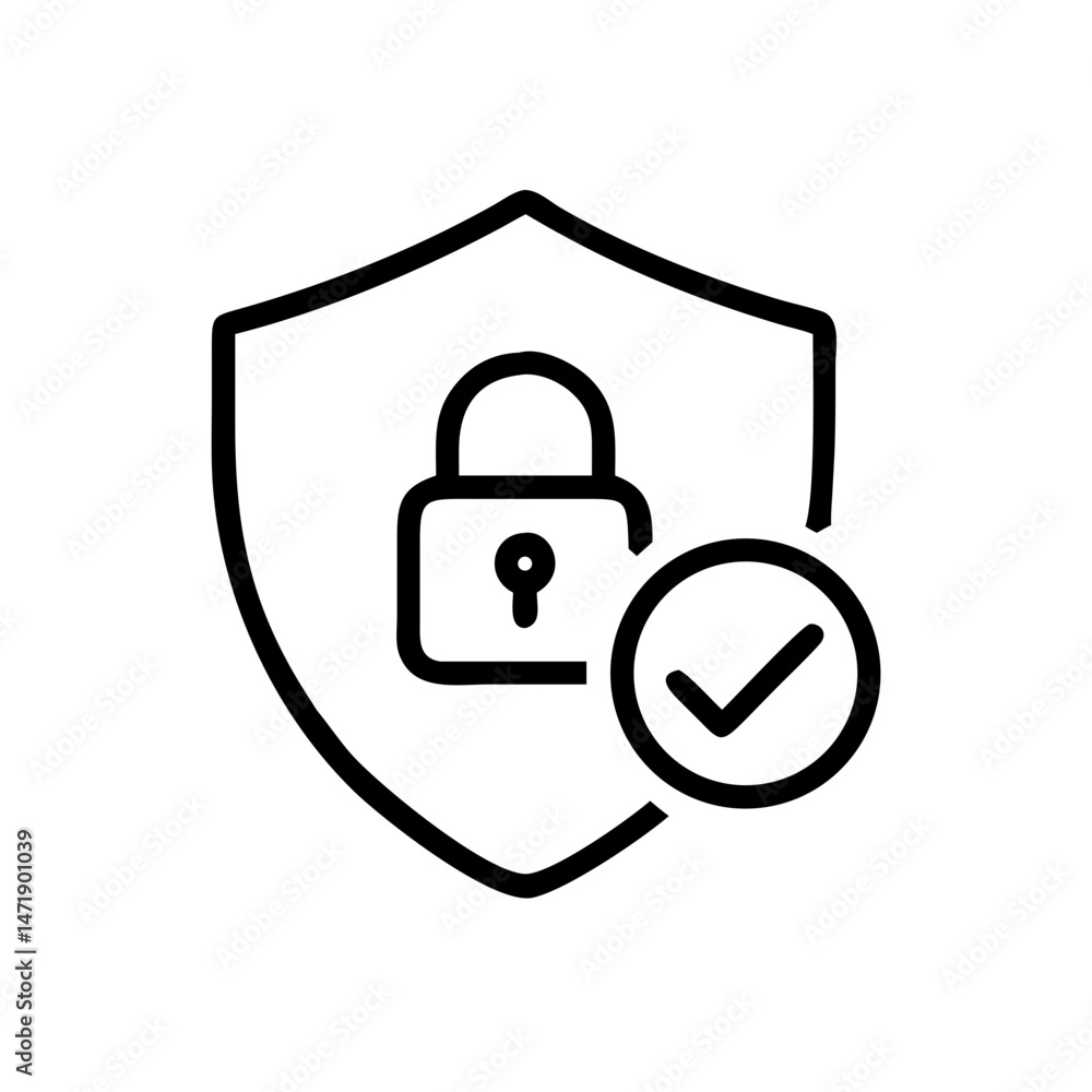 Aufkleber black outline icon of a shield containing a padlock, with a checkmark circle beside it, signifying s