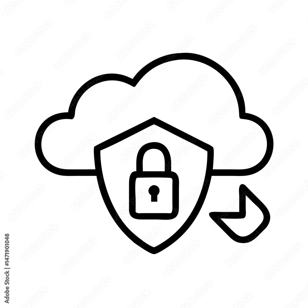 Poster black outline icon of a cloud with a shield and padlock, representing cloud security. suitable for t