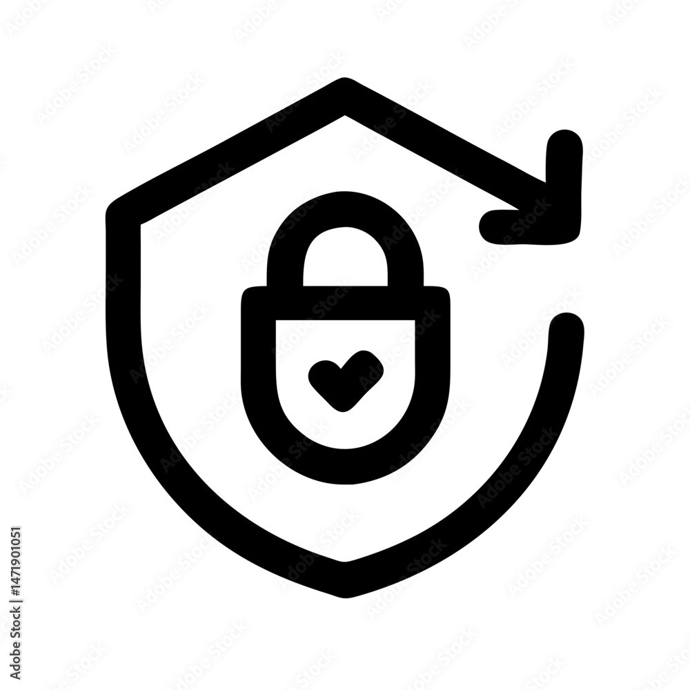 Poster black outline icon of a padlock with a checkmark inside a shield with a looping arrow, representing 