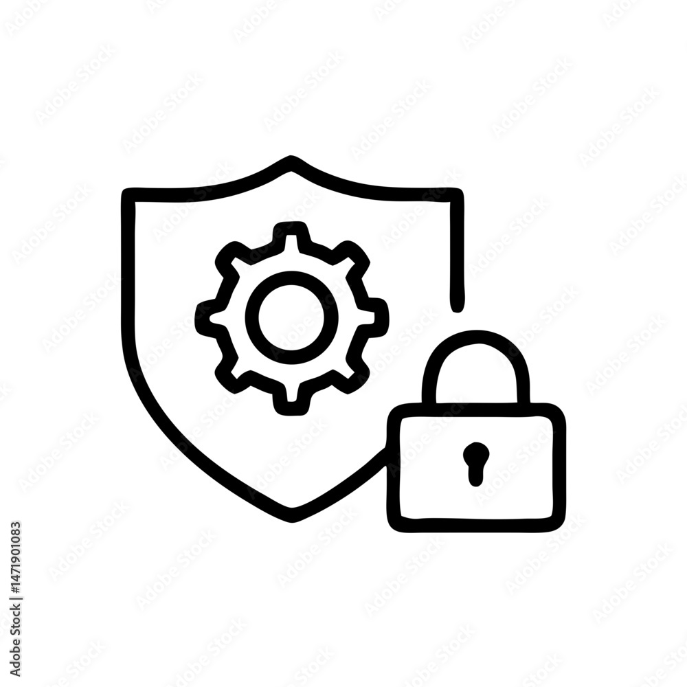 Poster a black line icon of a shield containing a gear and padlock, symbolizing robust cybersecurity and sy
