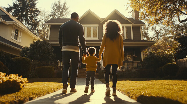 Happy Family Walking Towards New House Homeowners Dream Home Suburban Life Family Happ
