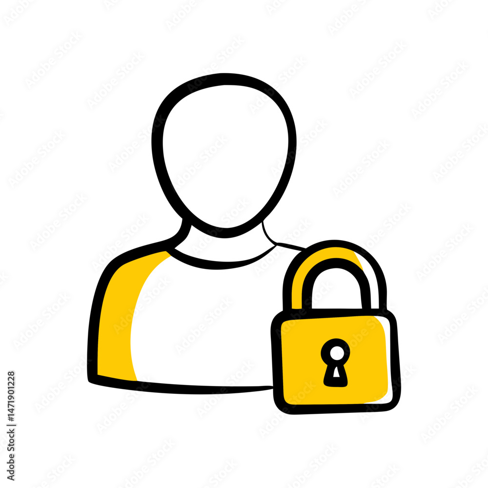 Aufkleber hand-drawn style icon of a user profile with a yellow padlock, on a white background. for user secur