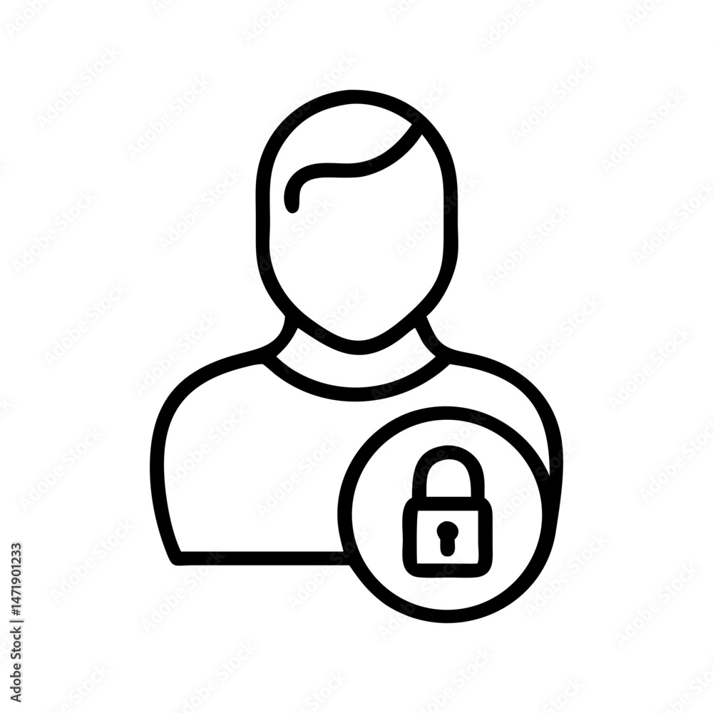 Poster minimalist black line icon of a user profile with a padlock, on a white background. for user account